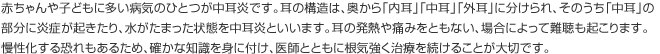 赤ちゃんや子どもに多い病気のひとつが中耳炎です。耳の構造は、奥から「内耳」「中耳」「外耳」に分けられ、そのうち「中耳」の部分に炎症が起きたり、水がたまった状態を中耳炎といいます。耳の発熱や痛みをともない、場合によって難聴も起こります。慢性化する恐れもあるため、確かな知識を身に付け、医師とともに根気強く治療を続けることが大切です。