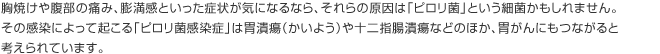 胸焼けや腹部の痛み、膨満感といった症状が気になるなら、それらの原因は「ピロリ菌」という細菌かもしれません。その感染によって起こる「ピロリ菌感染症」は胃潰瘍（かいよう）や十二指腸潰瘍などのほか、胃がんにもつながると考えられています。