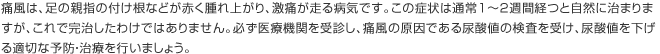 痛風は、足の親指の付け根などが赤く腫れ上がり、激痛が走る病気です。この症状は1～2週間経つと自然に治まりますが、これで完治したわけではありません。必ず医療機関を受診し、痛風の原因である尿酸値の検査を受け、尿酸値を下げる適切な予防・治療を行いましょう。