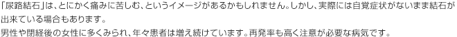 「尿路結石」は、とにかく痛みに苦しむ、というイメージがあるかもしれません。しかし、実際には自覚症状がないまま結石が出来ている場合もあります。男性や閉経後の女性に多くみられ、年々患者は増え続けています。再発率も高く注意が必要な病気です。