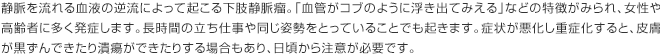 静脈を流れる血液の逆流によって起こる下肢静脈瘤。「血管がコブのように浮き出てみえる」などの特徴がみられ、女性や高齢者に多く発症します。長時間の立ち仕事や同じ姿勢をとっていることでも起きます。症状が悪化し重症化すると、皮膚が黒ずんできたり潰瘍ができたりする場合もあり、日頃から注意が必要です。