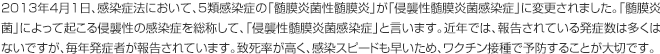 2013年4月1日、感染症法において、5類感染症の「髄膜炎菌性髄膜炎」が「侵襲性髄膜炎菌感染症」に変更されました。「髄膜炎菌」によって起こる侵襲性の感染症を総称して、「侵襲性髄膜炎菌感染症」と言います。近年では、報告されている発症数は多くはないですが、毎年発症者が報告されています。致死率が高く、感染スピードも早いため、ワクチン接種で予防することが大切です。