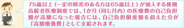 75歳以上（一定の障害のある方は65歳以上）が加入する後期高齢者医療制度では、1か月（同じ月内）の医療費の自己負担額が高額になった場合には、自己負担限度額を超えた分が「高額療養費」として支給されます。